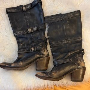 Frye Carmen 3-Strap Distressed Black Leather Boots
